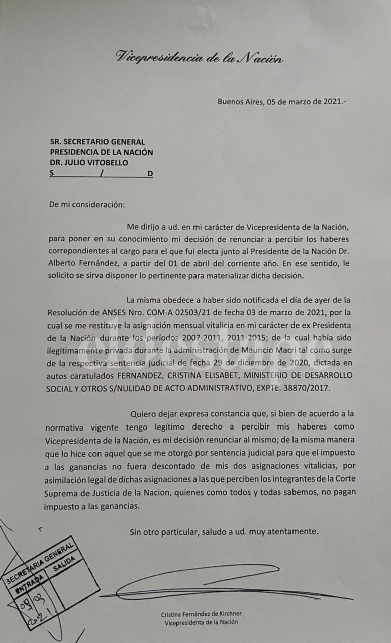 ¡SIEMPRE DANDO EL EJEMPLO! Cristina Fernández de Kirchner renunció al sueldo de vicepresidenta