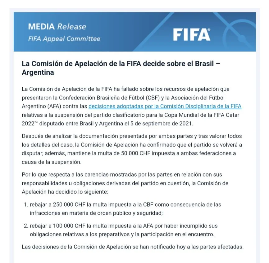 La FIFA confirmó que Brasil vs Argentina debe jugarse de nuevo y la AFA estalló