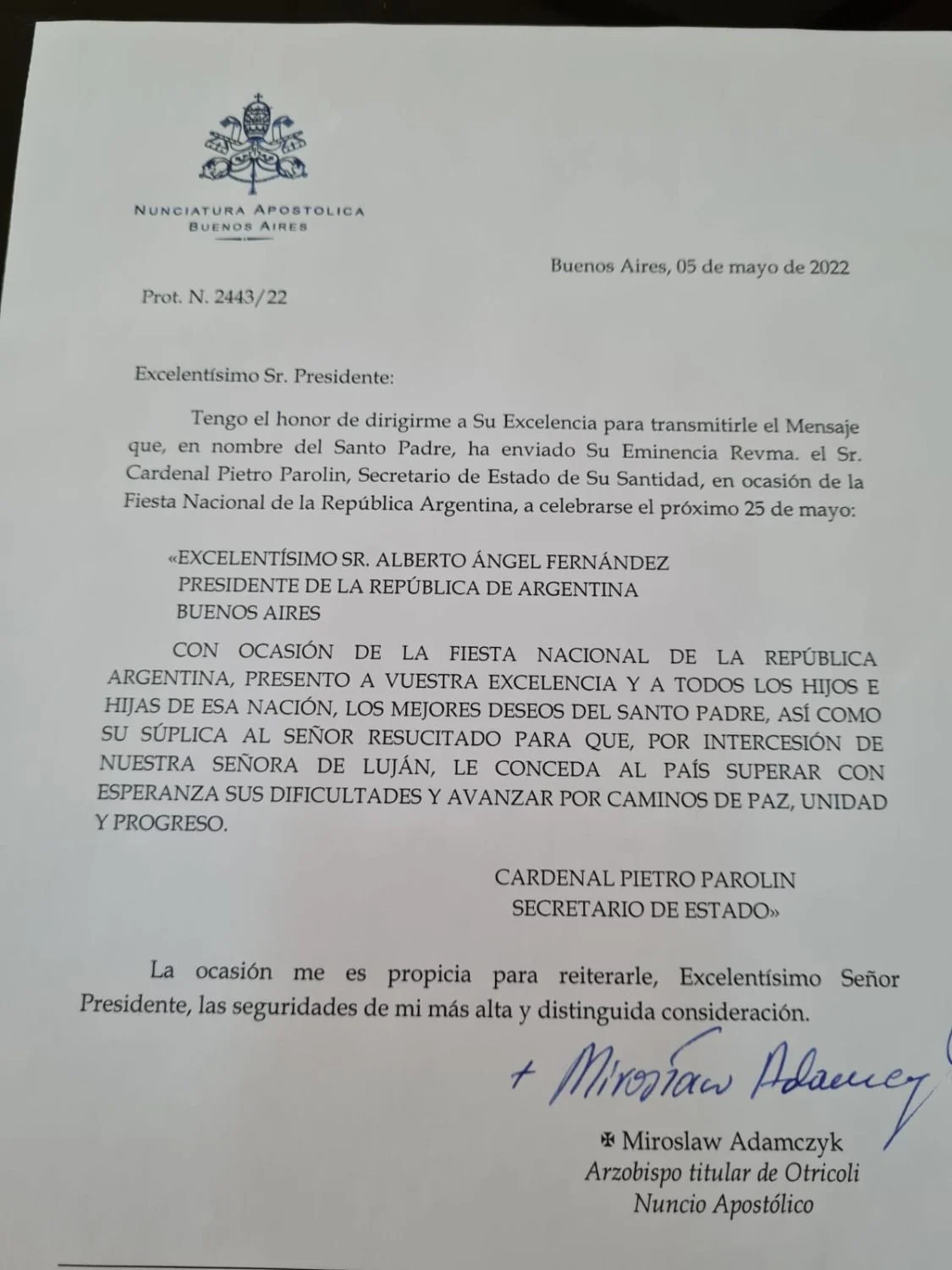 25 de Mayo: el Papa Francisco le pidió a Alberto Fernández "paz y unidad" 1 1653435484074