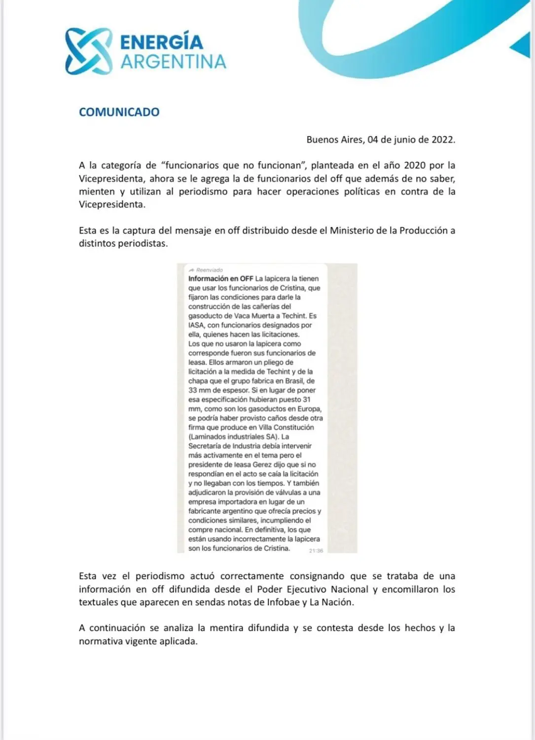 Comunicado de Energía Argentina