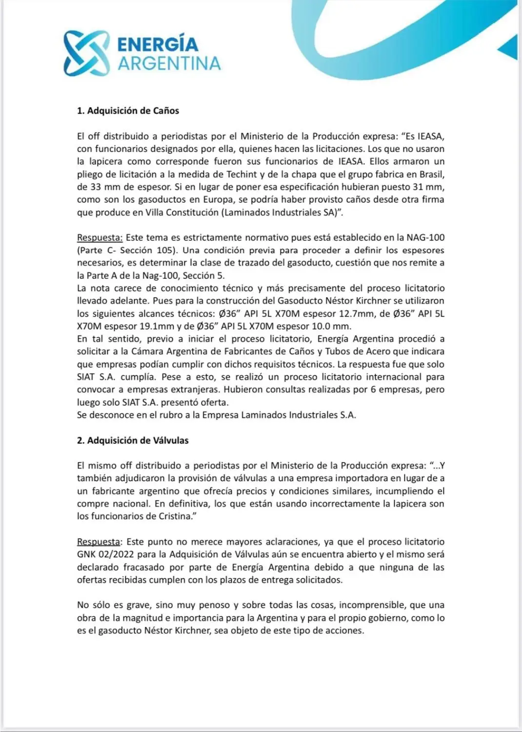 Comunicado de Energía Argentina