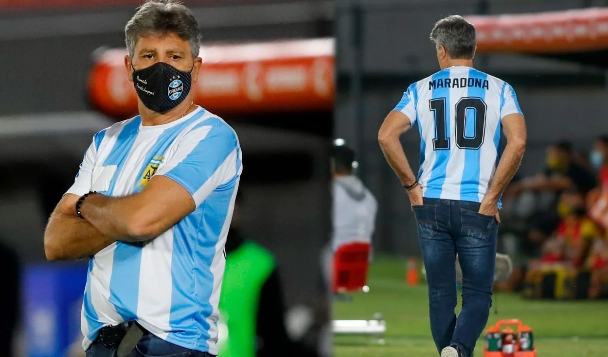 Renato Gaúcho, entrenador brasileño que dirigía a Gremio en 2020, se puso una camiseta de la Selección Argentina para homenajear a Diego Maradona tras su muerte